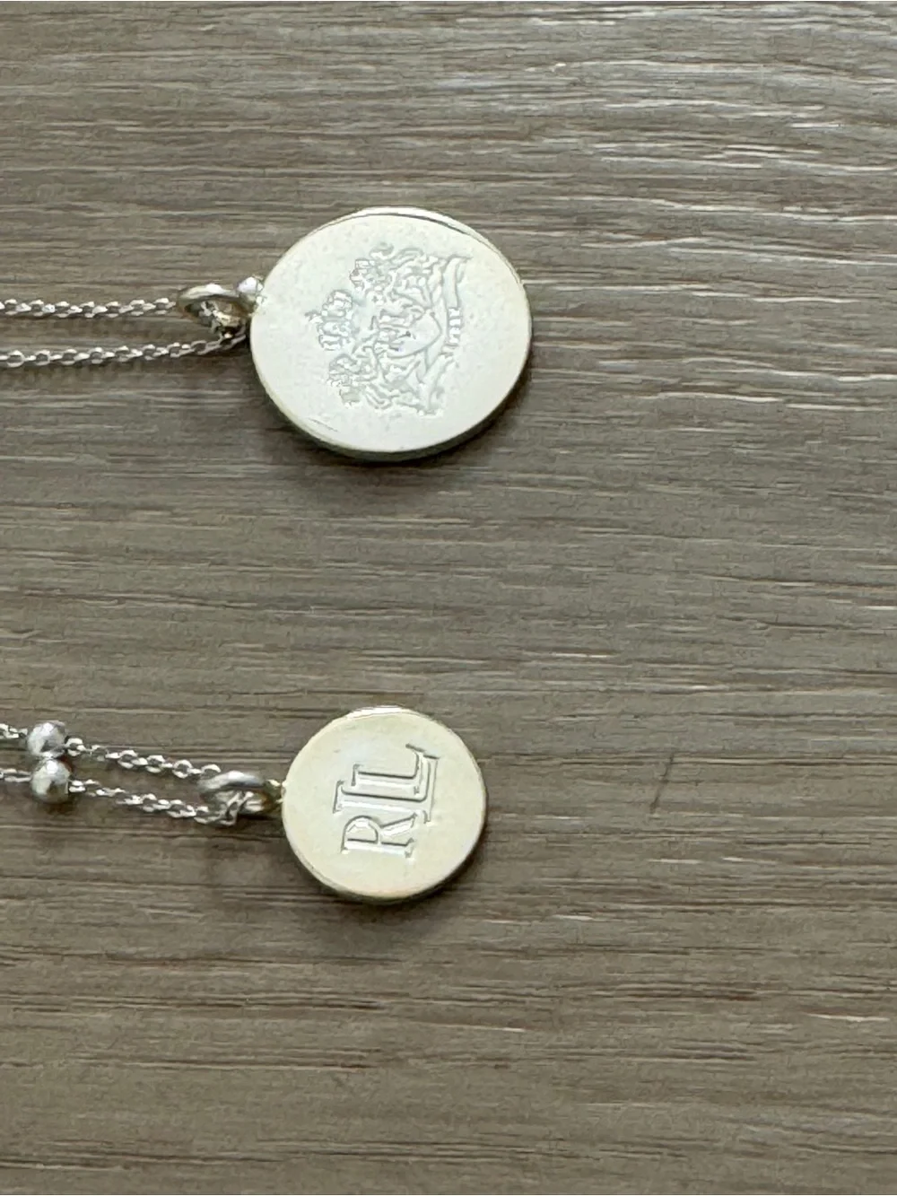 Lauren Ralph Lauren Silver Tone Engraved Logo Two-Row Pendant Necklace extender